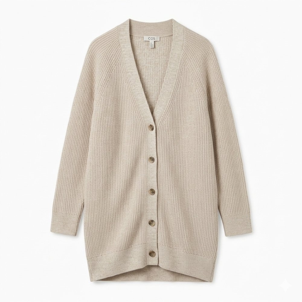 COS Cream Ribbed V-Neck Button-Front Cardigan Jacket Size S